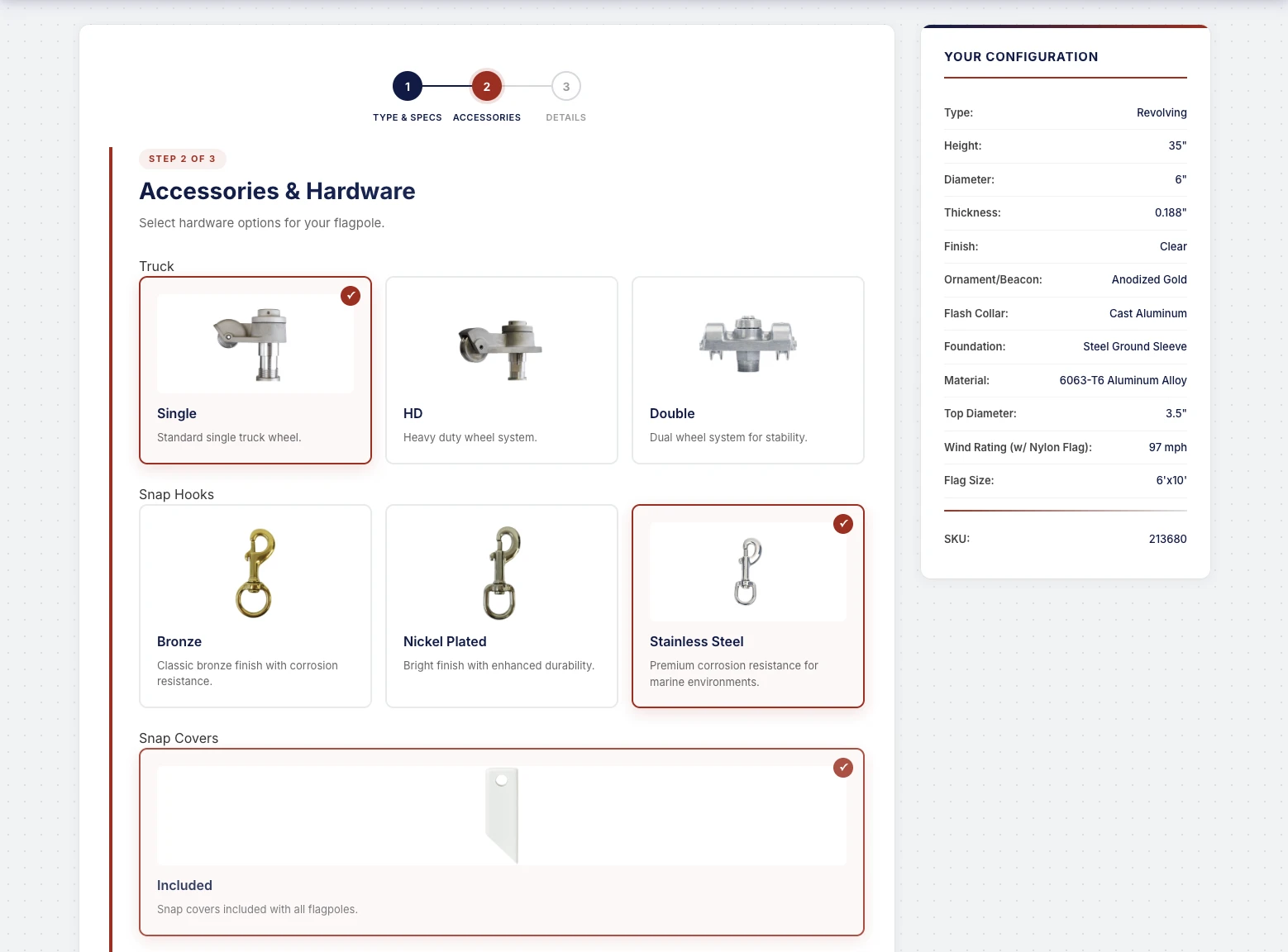 Product configurator tool showing accessories and hardware selection with real-time configuration panel